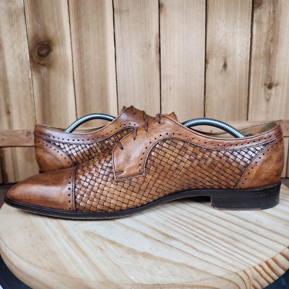 Mercanti Fiorentini Shoes Mens 12 M Brown Woven Leather Cap Toe Lace Up Oxford - Picture 6 of 9